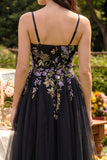 Black Appliqued A-Line Tulle Spaghetti Straps Midi Wedding Guest Dress