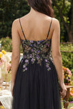 Black Appliqued A-Line Tulle Spaghetti Straps Midi Wedding Guest Dress