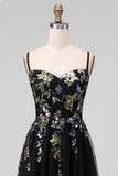 Black Appliqued A-Line Tulle Spaghetti Straps Midi Wedding Guest Dress