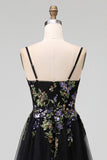 Black Appliqued A-Line Tulle Spaghetti Straps Midi Wedding Guest Dress