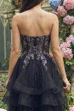 Black Strapless Appliqued A-Line Organza Midi Dress