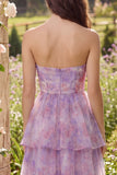 Purple Strapless A-Line Tulle Tiered Midi Dress