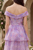 Purple Off the Shoulder A-Line Tulle Tiered Midi Dress