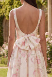 Pink A-Line Backless Floral Print Satin Midi Dress with Bowknot