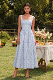 Blue Jacquard Square Neck A Line Midi Dress with Back Zipper