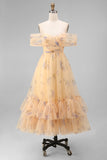 Yellow Flower Tulle A Line Off the Shoulder Maxi Ruffled Wedding Guest Dress