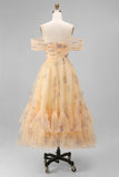 Yellow Flower Tulle A Line Off the Shoulder Maxi Ruffled Wedding Guest Dress