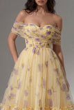 Yellow Flower Tulle A Line Off the Shoulder Maxi Ruffled Wedding Guest Dress