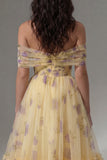 Yellow Flower Tulle A Line Off the Shoulder Maxi Ruffled Wedding Guest Dress
