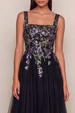 Black Appliqued A-Line Tulle Square Neck Midi Dress