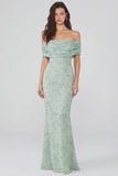 Dusty Sage Print Off the Shoulder Sheath Chiffon Midi Dress