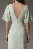 Dusty Sage V Neck Chiffon A Line Midi Dress with Short Sleeves