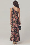 Black Pink Flower One Shoulder Sheath Satin Midi Dress