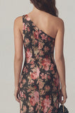 Black Pink Flower One Shoulder Sheath Satin Midi Dress