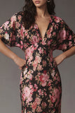 Black Pink Flower V Neck Sheath Satin Midi Dress with Short Sleeves