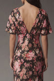 Black Pink Flower V Neck Sheath Satin Midi Dress with Short Sleeves