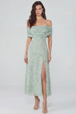 Dusty Sage Printed Chiffon A-Line Off the Shoulder Midi Dress with Slit