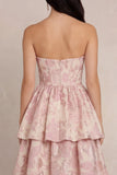 Blush Flower Jacquard Tiered A-Line Corset Strapless Satin Midi Dress