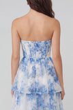 White Blue Flower Tulle A-Line Corset Strapless Tiered Midi Dress