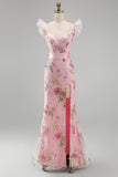 Sparkly Pink Mermaid Beaded V-Neck Long Formal Dress with Slit