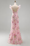 Sparkly Pink Mermaid Beaded V-Neck Long Formal Dress with Slit