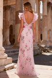 Pink Mermaid Sequins V-Neck Long Prom Dress with Slit