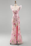 Sparkly Pink Mermaid Beaded V-Neck Long Formal Dress with Slit