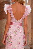 Pink Mermaid Sequins V-Neck Long Prom Dress with Slit