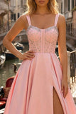 Pink Corset A-Line Beaded Long Satin Prom Dress with Slit