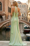 Halter Corset Light Green Beaded Mermaid Long Prom Dress with Slit