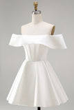 White Satin Corset Off the Shoulder A-Line Short Wedding Dress