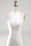 Ivory High Neck Pearls Mermaid Satin Wedding Dress with Sweep Train