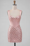 Pink Thick Straps Corset Bodycon Homecoming Dress with Sequins