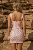 Pink Thick Straps Corset Bodycon Homecoming Dress with Sequins