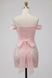 Off the Shoulder Pink Bodycon Sequins Homecoming Dress with Belt