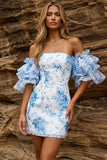Blue Off the Shoulder Floral Bodycon Homecoming Dress