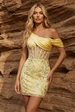 One Shoulder Yellow Bodycon Sheer Corset Floral Homecoming Dress with Sequins