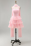 Pink Strapless A-Line Corset Tiered Ruffled Short Homecoming Dress