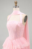 Pink Strapless A-Line Corset Tiered Ruffled Short Homecoming Dress