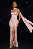 Pink Embroidery Strapless Corset Sheath Long Evening Dress with Slit