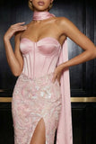Pink Embroidery Strapless Corset Sheath Long Evening Dress with Slit