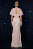 Pink Embroidery Spaghetti Straps Corset Sheath Evening Dress with Slit and Cloak