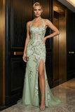 Green Embroidery Halter Corset Mermaid Evening Dress with Slit