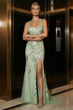 Green Embroidery Halter Corset Mermaid Evening Dress with Slit