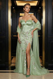 Green Strapless Corset Mermaid Embroidery Evening Dress with Slit