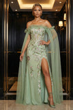 Green Ruffled Strapless Embroidery Corset Mermaid Evening Dress with Slit