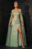 Green Ruffled Strapless Embroidery Corset Mermaid Evening Dress with Slit