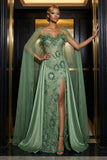 Green Spaghetti Straps Embroidery Corset Ruffled Mermaid Evening Dress with Slit