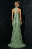 Green Embroidery Ruffled Strapless Corset Mermaid Evening Dress with Slit