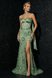 Green Embroidery Ruffled Strapless Corset Mermaid Evening Dress with Slit